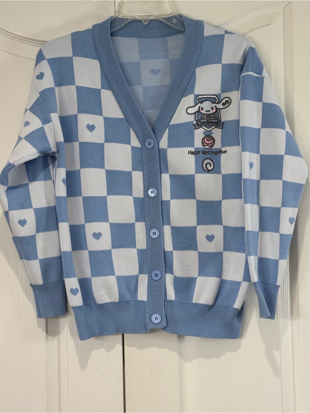 Sanrio Cinnamoroll Blue and White Checkered Cardigan Sweater with Heart Pattern